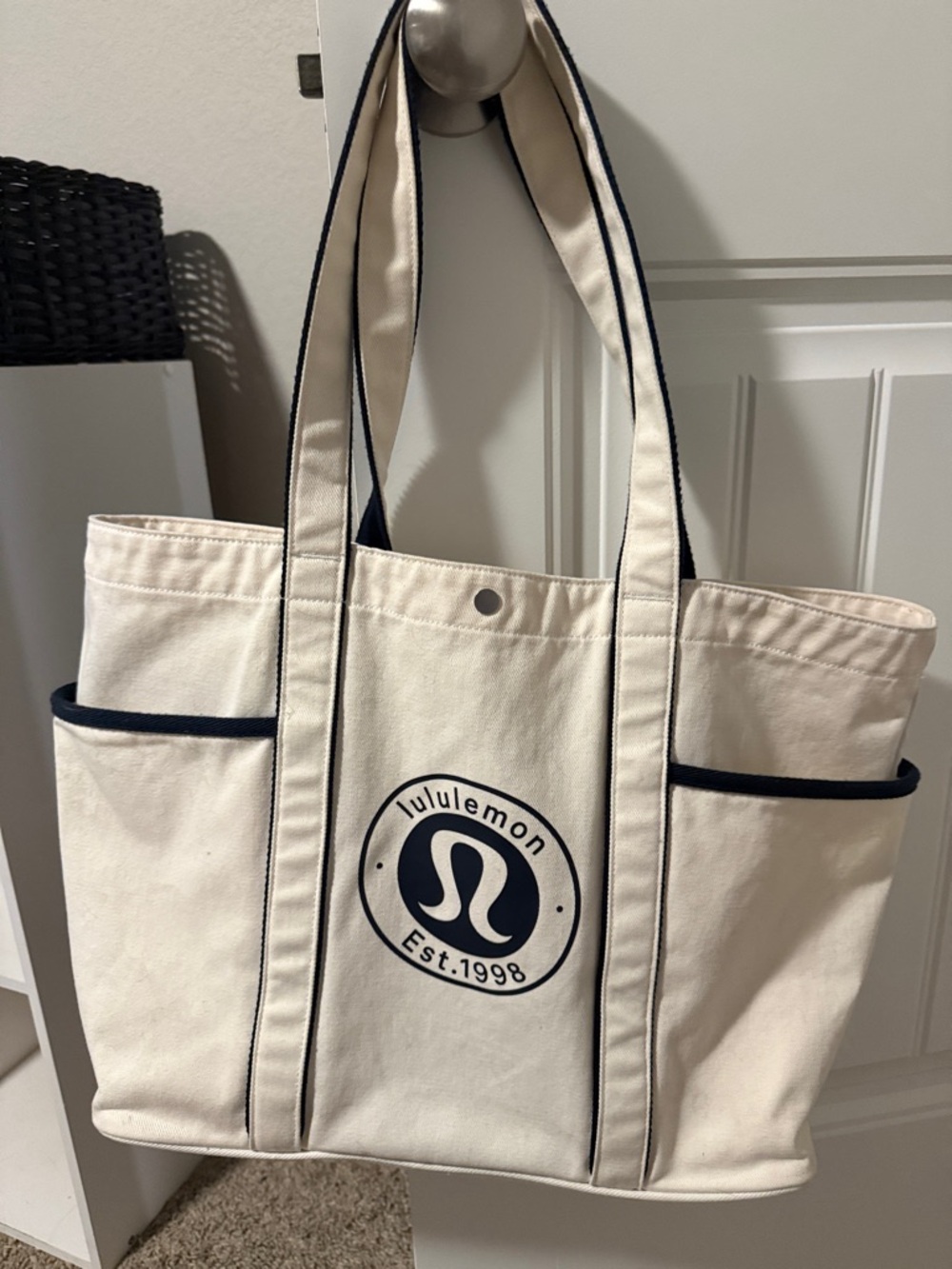 lululemon athletica Canvas Tote Bag in Cream with Black Trim